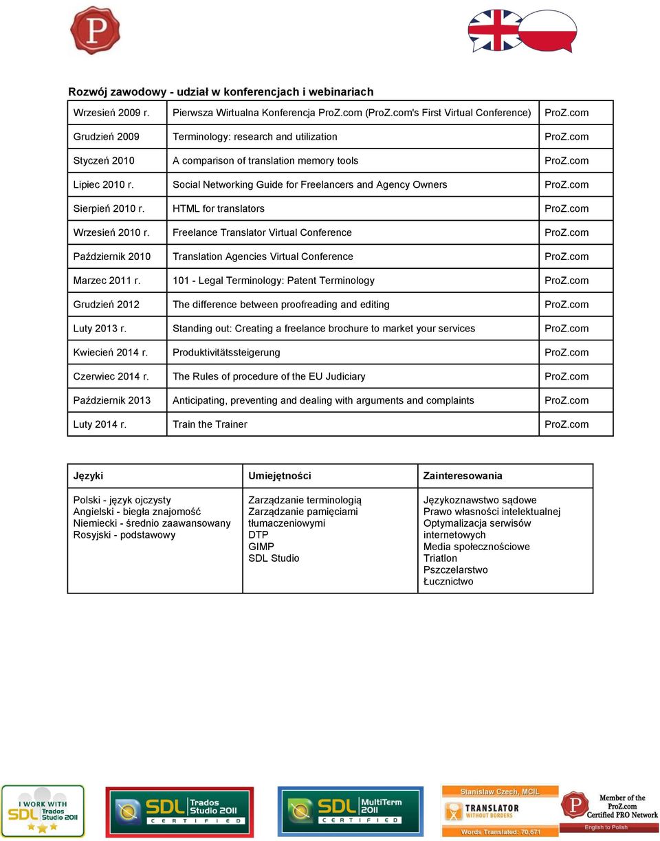 Social Networking Guide for Freelancers and Agency Owners ProZ.com Sierpień 2010 r. HTML for translators ProZ.com Wrzesień 2010 r. Freelance Translator Virtual Conference ProZ.