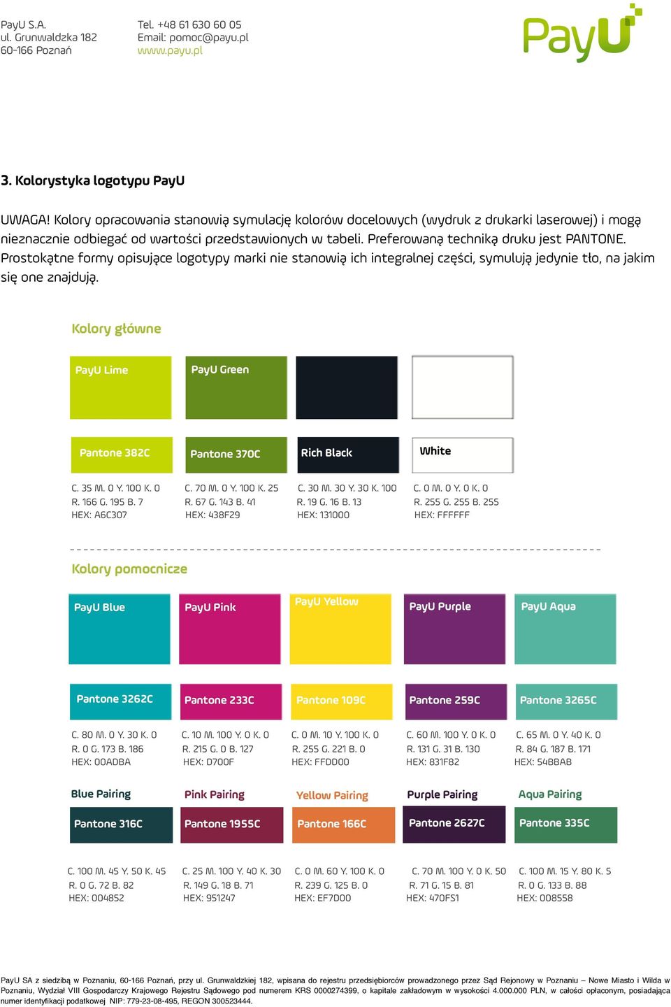 Kolory główne PayU Lime PayU Green Pantone 382C Pantone 370C Rich Black White C. 35 M. 0 Y. 100 K. 0 C. 70 M. 0 Y. 100 K. 25 C. 30 M. 30 Y. 30 K. 100 C. 0 M. 0 Y. 0 K. 0 R. 166 G. 195 B. 7 R. 67 G.