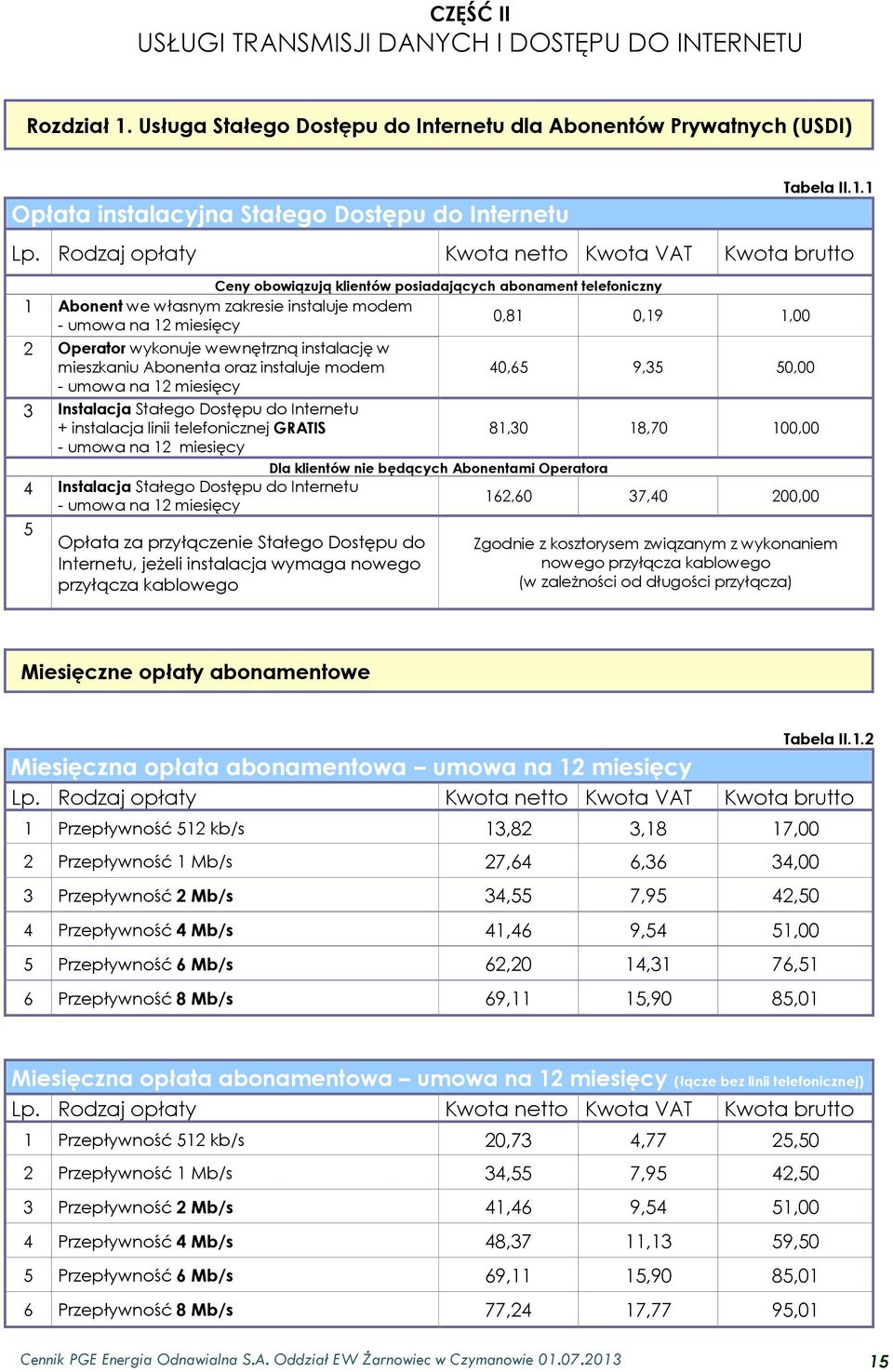 1 Ceny obowiązują klientów posiadających abonament telefoniczny 1 Abonent we własnym zakresie instaluje modem - umowa na 12 miesięcy 0,81 0,19 1,00 2 Operator wykonuje wewnętrzną instalację w