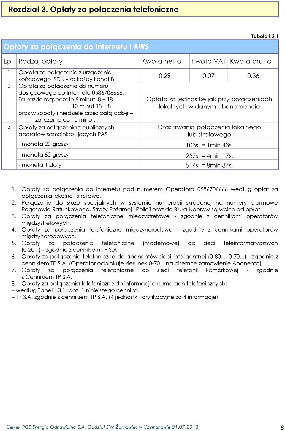 3 Opłaty za połączenia z publicznych aparatów samoinkasujących PAS 0,29 0,07 0,36 Opłata za jednostkę jak przy połączeniach lokalnych w danym abonamencie Czas trwania połączenia lokalnego lub