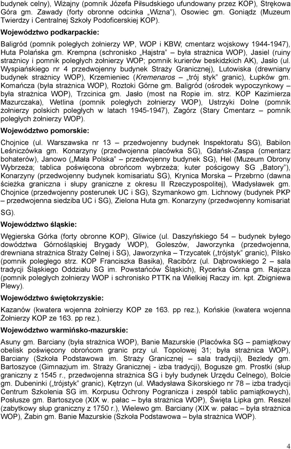 Krempna (schronisko Hajstra była strażnica WOP), Jasiel (ruiny strażnicy i pomnik poległych żołnierzy WOP; pomnik kurierów beskidzkich AK), Jasło (ul.