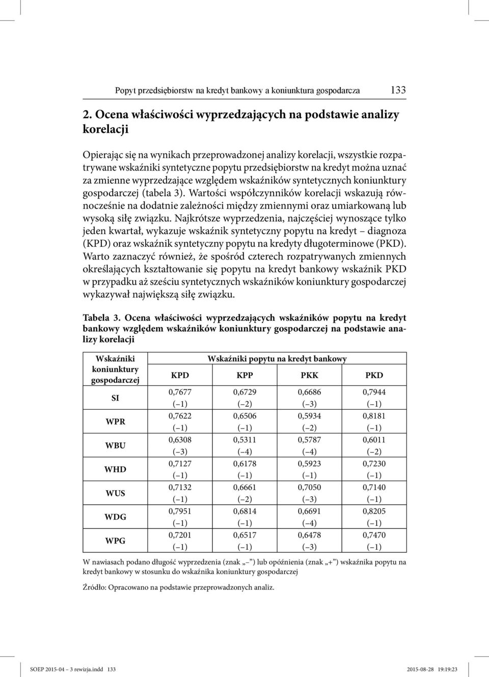 kredyt można uznać za zmienne wyprzedzające względem wskaźników syntetycznych koniunktury gospodarczej (tabela 3).