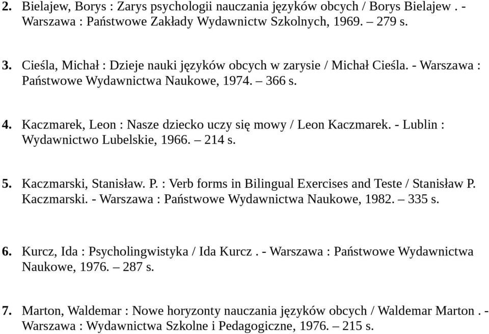 - Lublin : Wydawnictwo Lubelskie, 1966. 214 s. 5. Kaczmarski, Stanisław. P. : Verb forms in Bilingual Exercises and Teste / Stanisław P. Kaczmarski. - Warszawa : Państwowe Wydawnictwa Naukowe, 1982.