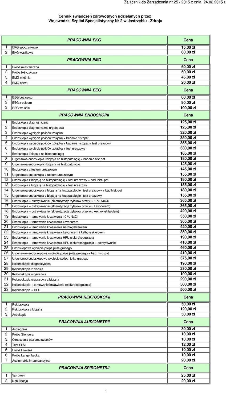 ENDOSKOPII 1 Endoskopia diagnostyczna 125,00 zł 2 Endoskopia diagnostyczna urgensowa 125,00 zł 3 Endoskopia wycięcie polipów żołądka 320,00 zł 4 Endoskopia wycięcie polipów żołądka + badanie histopat.