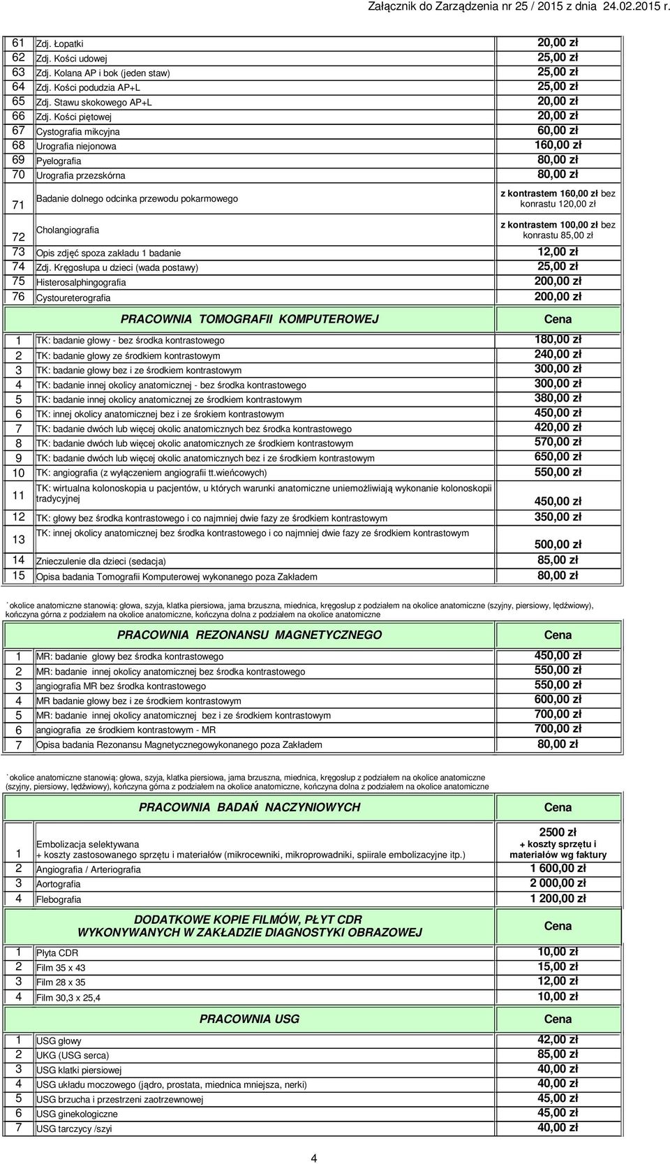 kontrastem 160,00 zł bez konrastu 120,00 zł 72 Cholangiografia z kontrastem 100,00 zł bez konrastu 85,00 zł 73 Opis zdjęć spoza zakładu 1 badanie 12,00 zł 74 Zdj.