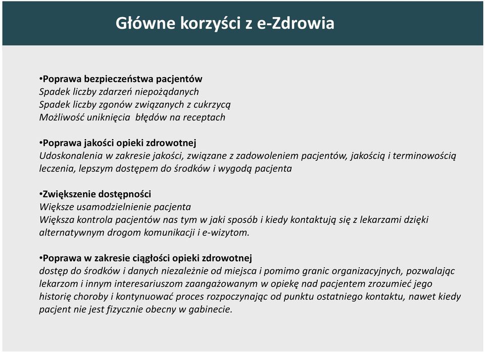 usamodzielnienie pacjenta Większa kontrola pacjentów nas tym w jaki sposób i kiedy kontaktują się z lekarzami dzięki alternatywnym drogom komunikacji i e-wizytom.