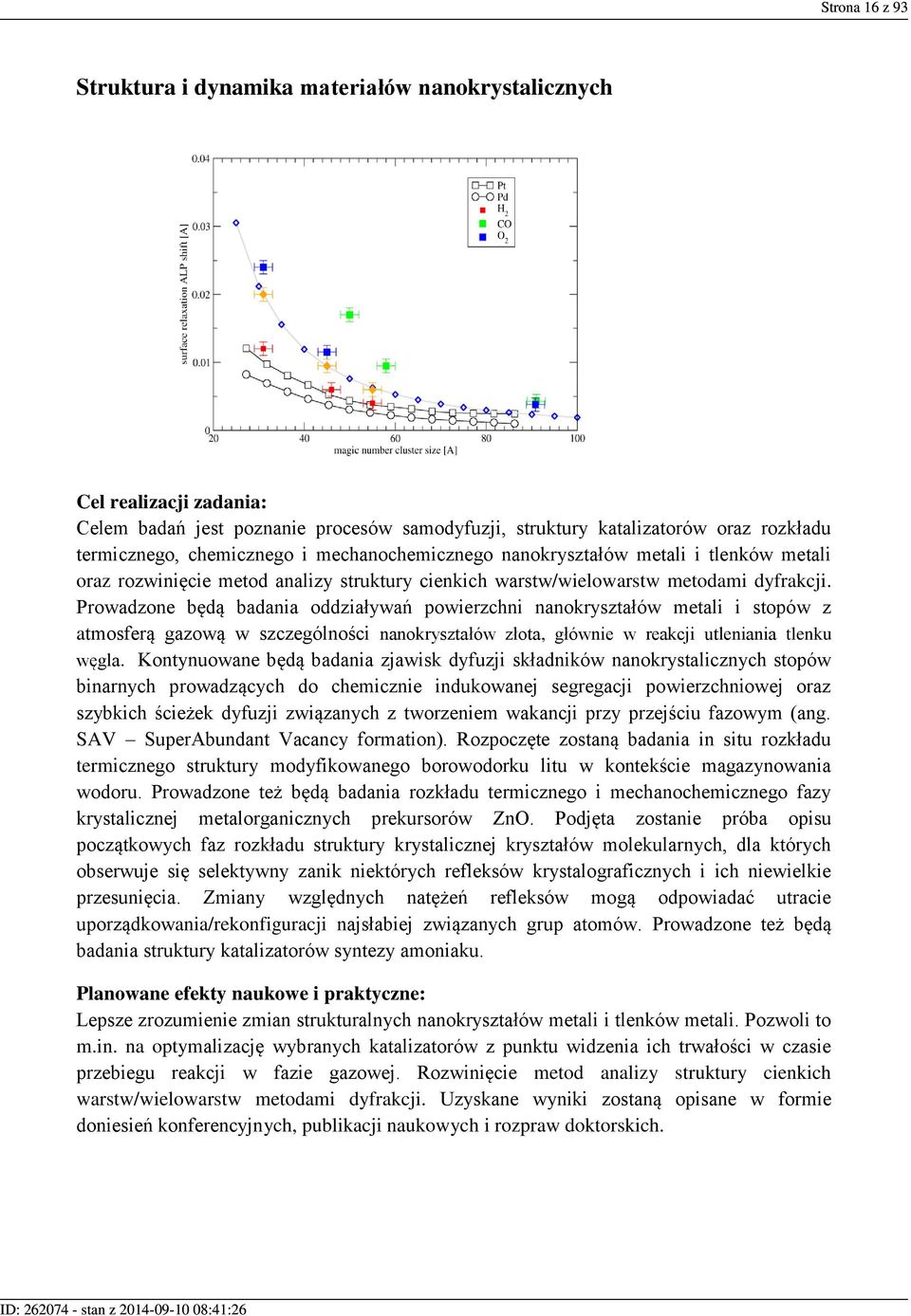 Prowadzone będą badania oddziaływań powierzchni nanokryształów metali i stopów z atmosferą gazową w szczególności nanokryształów złota, głównie w reakcji utleniania tlenku węgla.