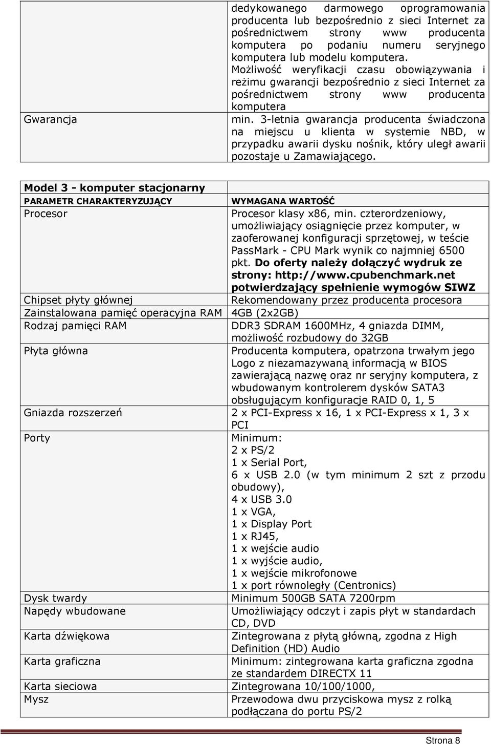 3-letnia gwarancja producenta świadczona na miejscu u klienta w systemie NBD, w przypadku awarii dysku nośnik, który uległ awarii pozostaje u Zamawiającego.