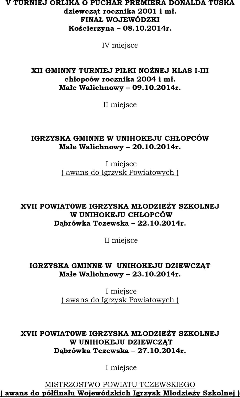 10.2014r. ( awans do Igrzysk Powiatowych ) XVII POWIAT0WE IGRZYSKA MŁODZIEŻY SZKOLNEJ W UNIHOKEJU DZIEWCZĄT Dąbrówka Tczewska 27.10.2014r. MISTRZOSTWO POWIATU TCZEWSKIEGO ( awans do półfinału Wojewódzkich Igrzysk Młodzieży Szkolnej )