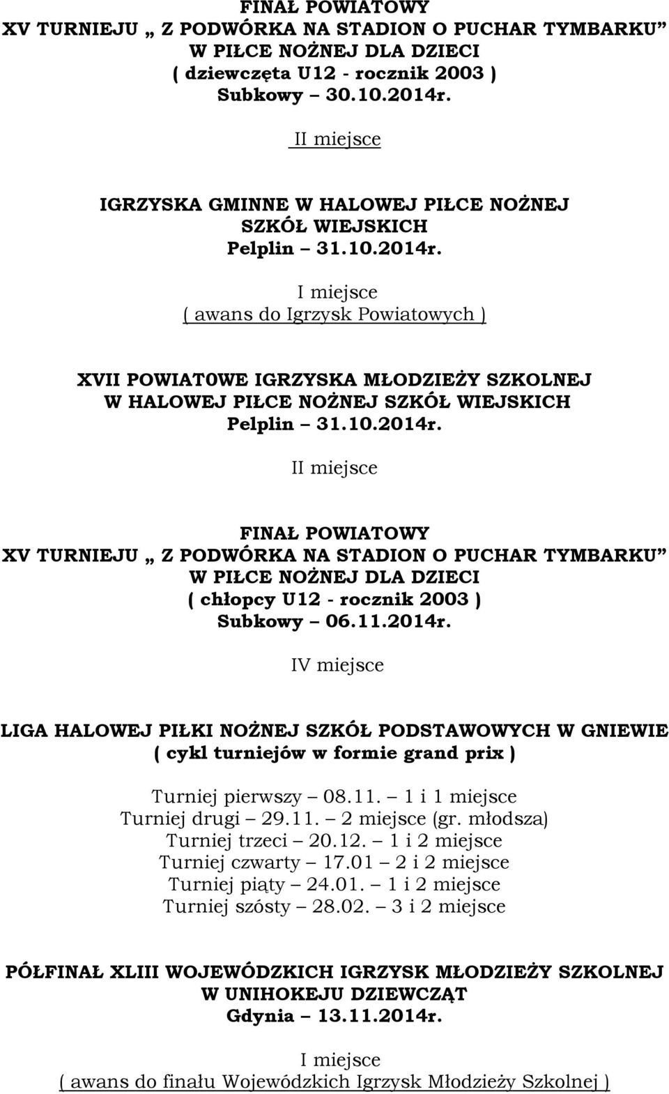 ( awans do Igrzysk Powiatowych ) XVII POWIAT0WE IGRZYSKA MŁODZIEŻY SZKOLNEJ W HALOWEJ PIŁCE NOŻNEJ SZKÓŁ WIEJSKICH Pelplin 31.10.2014r.