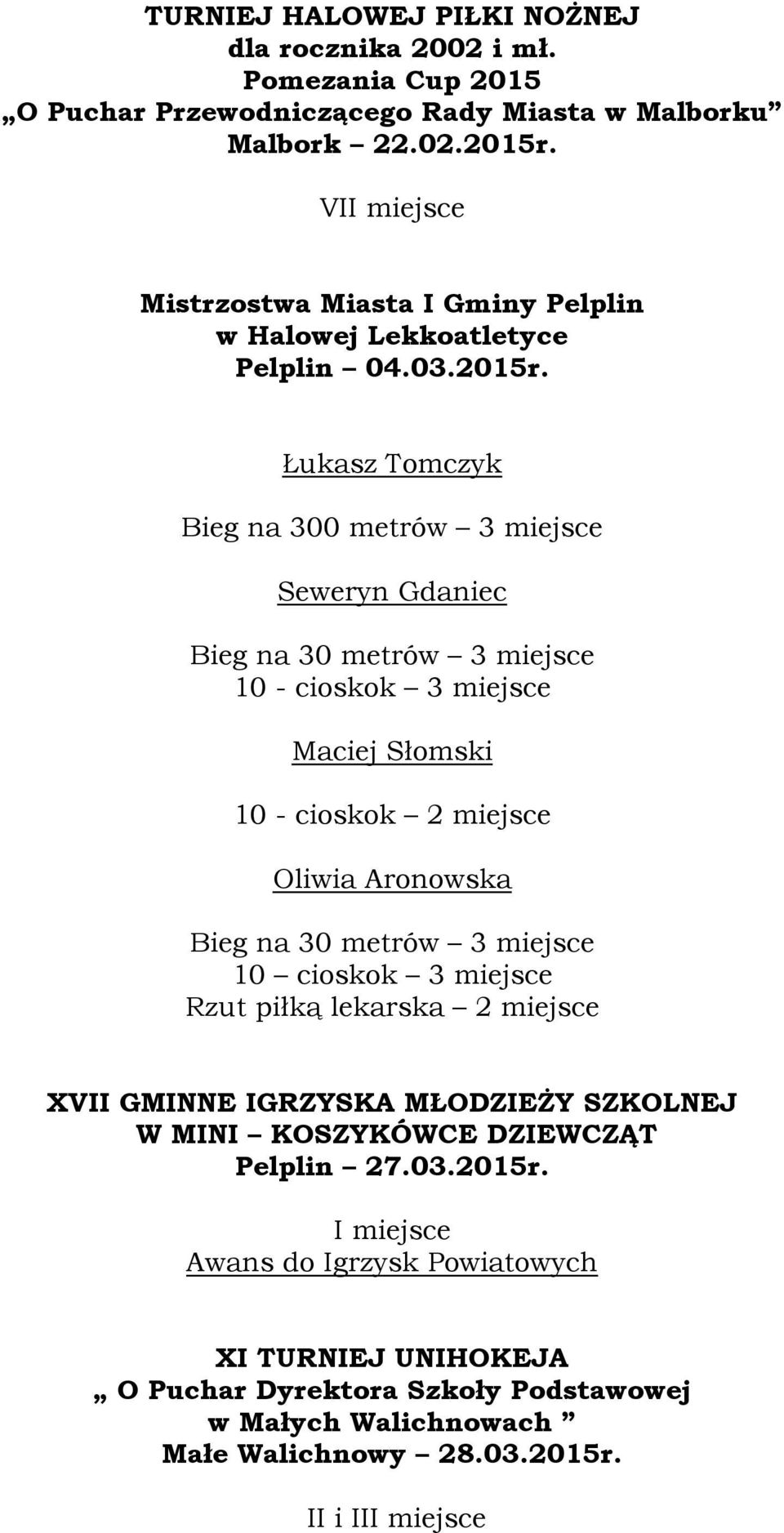 Łukasz Tomczyk Bieg na 300 metrów 3 miejsce Seweryn Gdaniec Bieg na 30 metrów 3 miejsce 10 - cioskok 3 miejsce Maciej Słomski 10 - cioskok 2 miejsce Oliwia Aronowska Bieg na 30