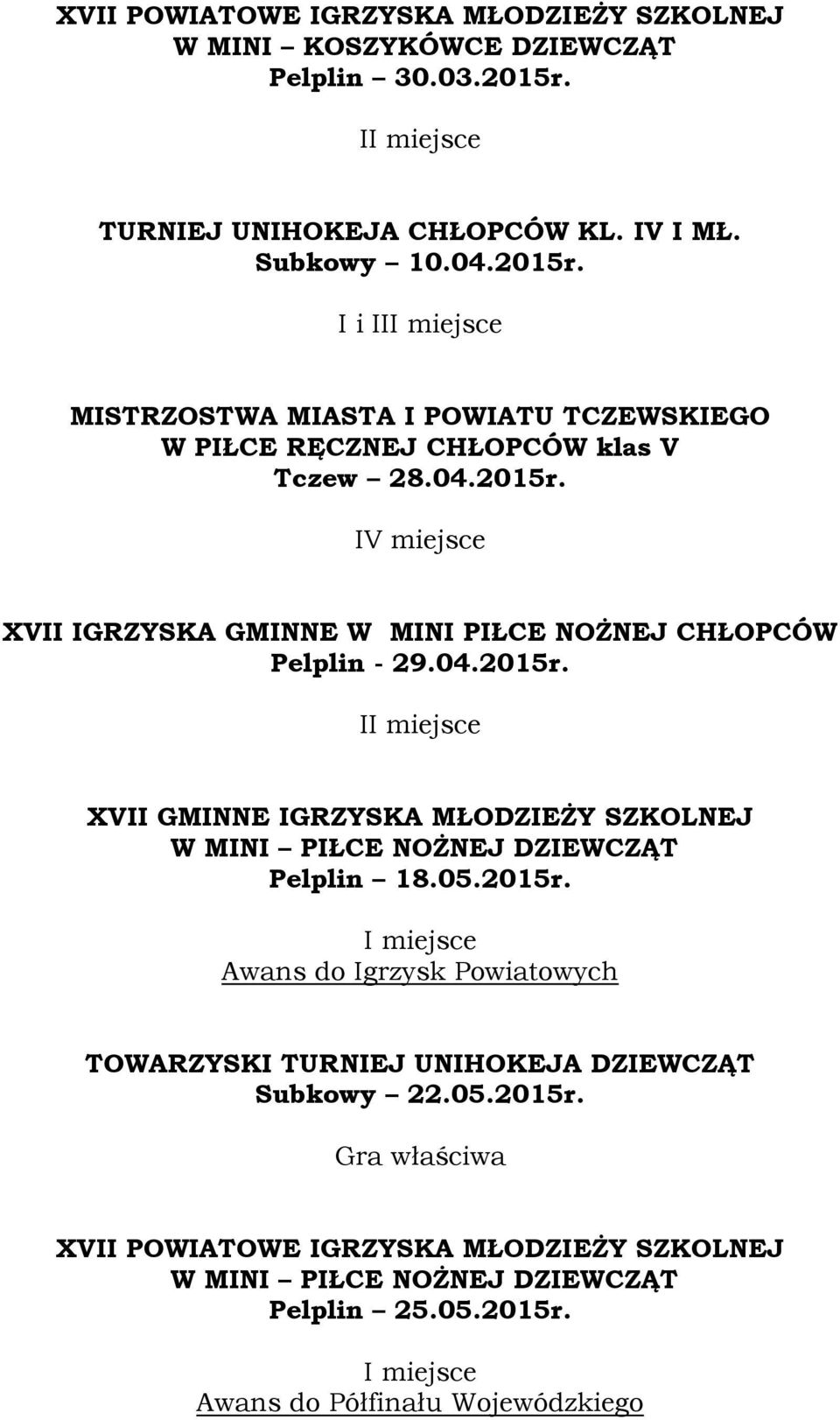 04.2015r. I XVII GMINNE IGRZYSKA MŁODZIEŻY SZKOLNEJ W MINI PIŁCE NOŻNEJ DZIEWCZĄT Pelplin 18.05.2015r. Awans do Igrzysk Powiatowych TOWARZYSKI TURNIEJ UNIHOKEJA DZIEWCZĄT Subkowy 22.