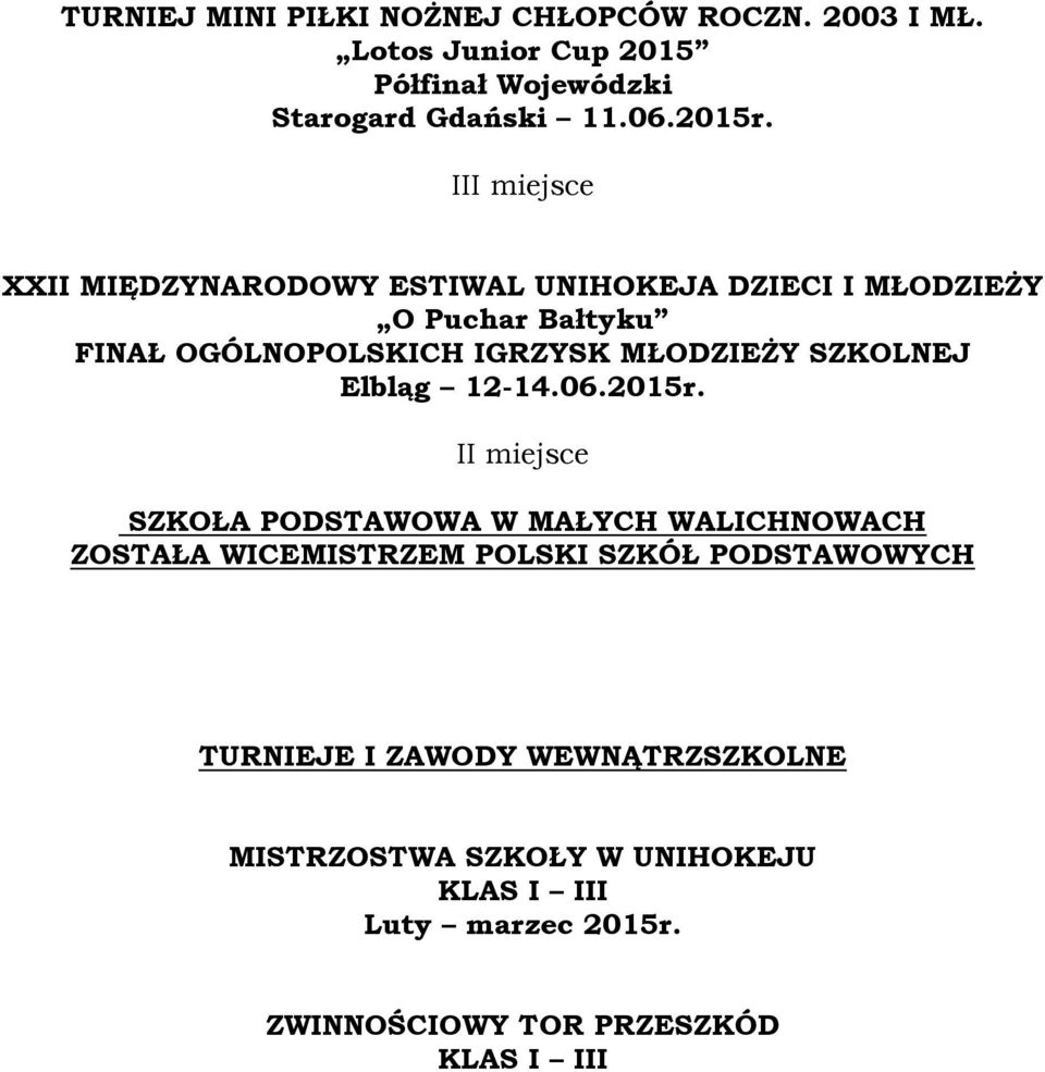 II XXII MIĘDZYNARODOWY ESTIWAL UNIHOKEJA DZIECI I MŁODZIEŻY O Puchar Bałtyku FINAŁ OGÓLNOPOLSKICH IGRZYSK MŁODZIEŻY