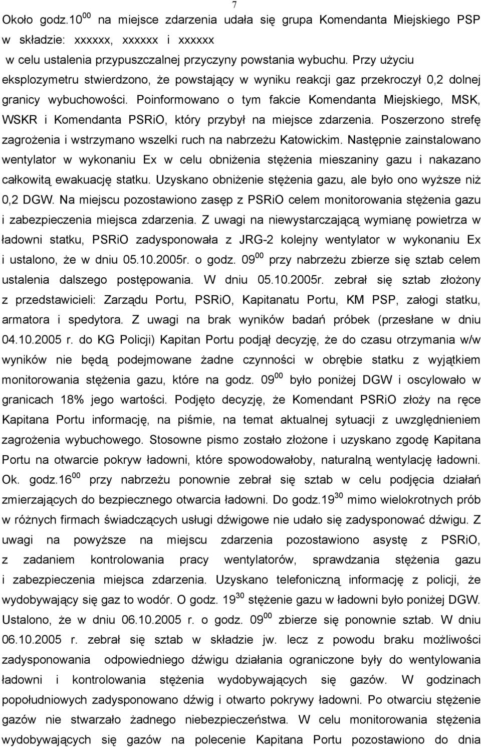 Poinformowano o tym fakcie Komendanta Miejskiego, MSK, WSKR i Komendanta PSRiO, który przybył na miejsce zdarzenia. Poszerzono strefę zagrożenia i wstrzymano wszelki ruch na nabrzeżu Katowickim.