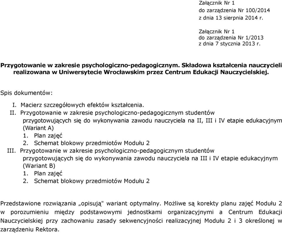 Przygotowanie w zakresie psychologiczno-pedagogicznym studentów przygotowujących się do wykonywania zawodu nauczyciela na II, III i IV etapie edukacyjnym (Wariant A) 1. Plan zajęć 2.