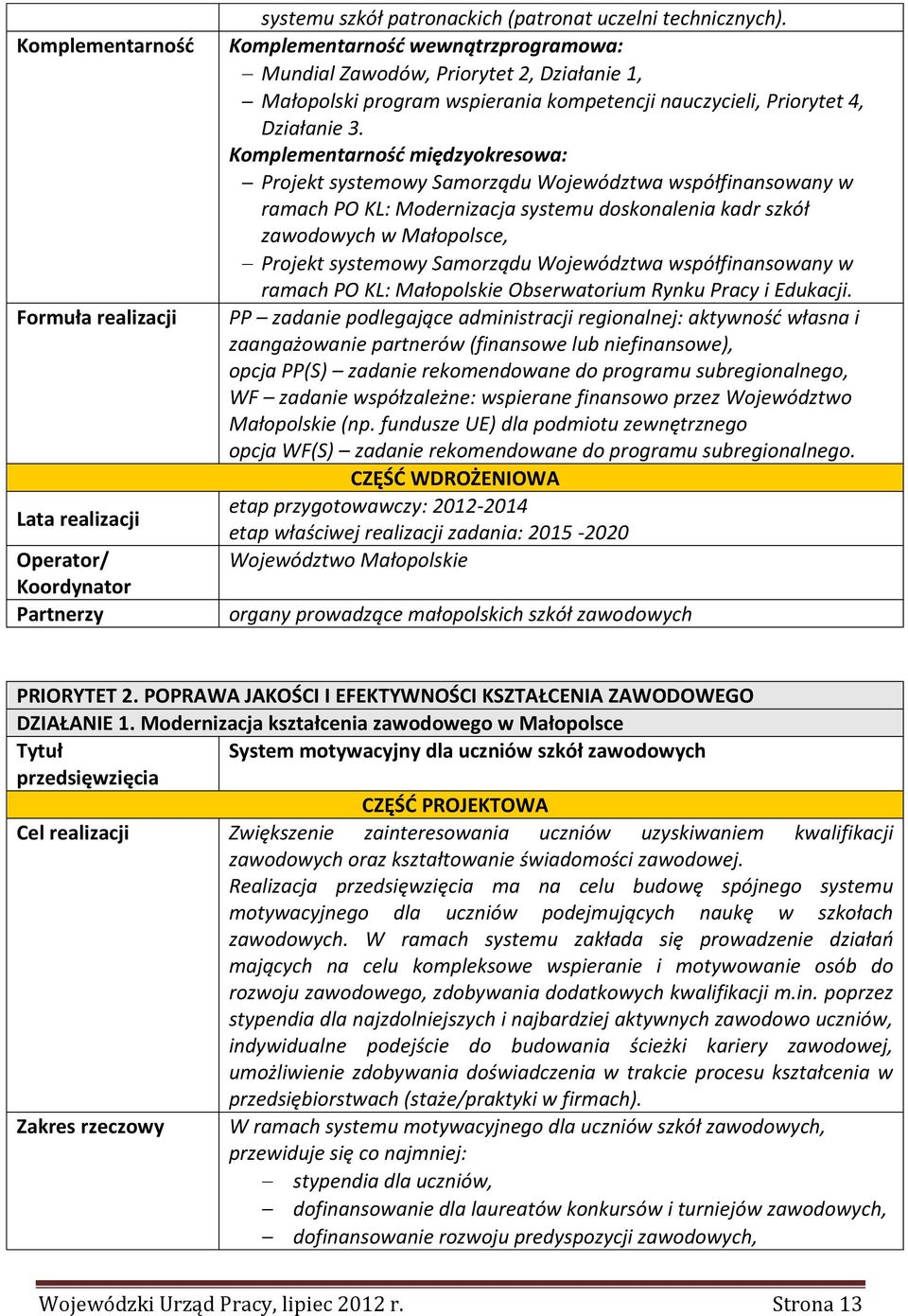 Komplementarność międzyokresowa: Projekt systemowy Samorządu Województwa współfinansowany w ramach PO KL: Modernizacja systemu doskonalenia kadr szkół zawodowych w Małopolsce, Projekt systemowy