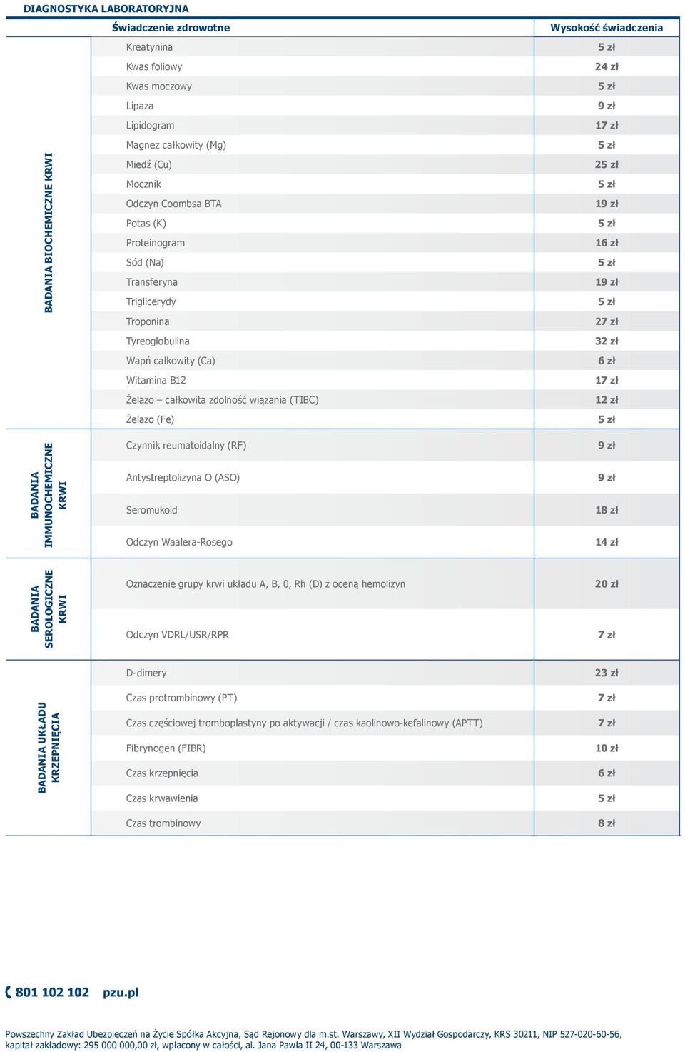 IMMUNOCHEMICZNE KRWI Czynnik reumatoidalny (RF) Antystreptolizyna O (ASO) Seromukoid Odczyn Waalera-Rosego 9 zł 9 zł 18 zł 14 zł BADANIA SEROLOGICZNE KRWI Oznaczenie grupy krwi układu A, B, 0, Rh (D)