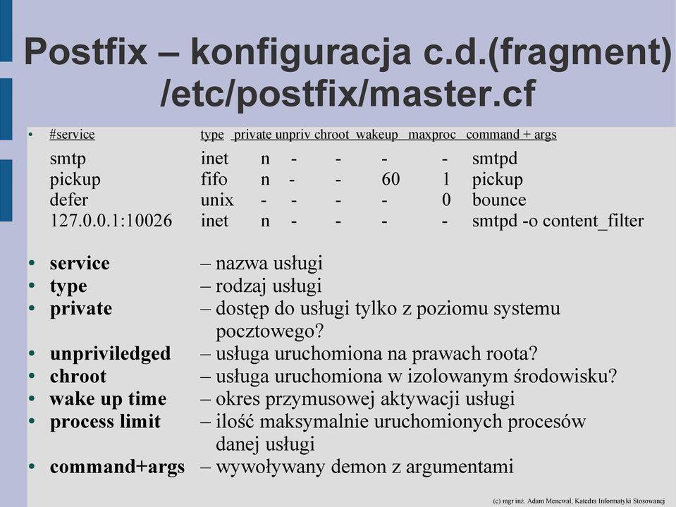 0.0.1:10026 inet n - - - - smtpd -o content_filter service nazwa usługi type rodzaj usługi private dostęp do usługi tylko z poziomu systemu pocztowego?