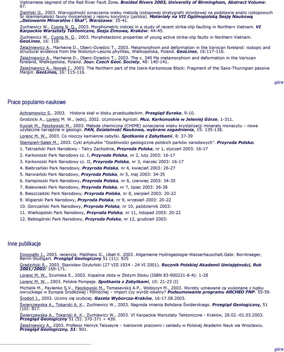 Materiały na VII Ogólnopolską Sesję Naukową Datowanie Minerałów i Skał, Warszawa: 35-41. Zuchiewicz W., Cuong N. Q., 2003.