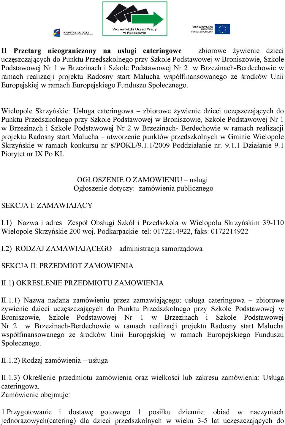 Wielopole Skrzyńskie: Usługa cateringowa zbiorowe żywienie dzieci uczęszczających do Punktu Przedszkolnego przy Szkole Podstawowej w Broniszowie, Szkole Podstawowej Nr 1 w Brzezinach i Szkole