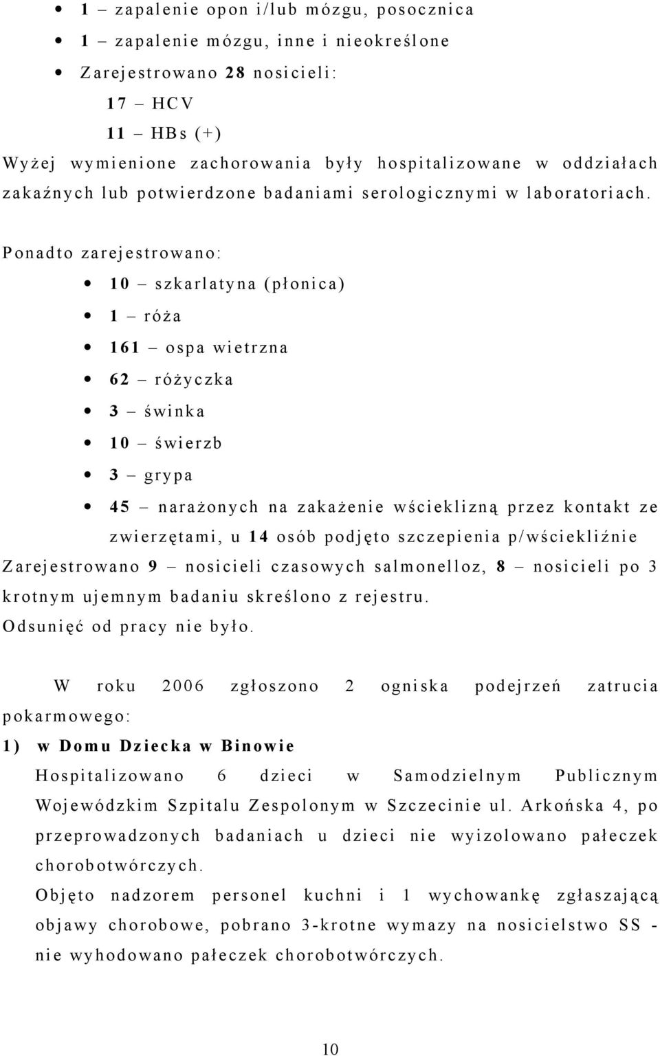 P onadto zarejestrowano: 10 szkarlatyna (płonica) 1 róża 161 ospa wietrzna 62 różyczka 3 świnka 10 świerzb 3 grypa 45 narażonych na zakażenie w ścieklizną przez kontakt z e z wierzętami, u 14 osób