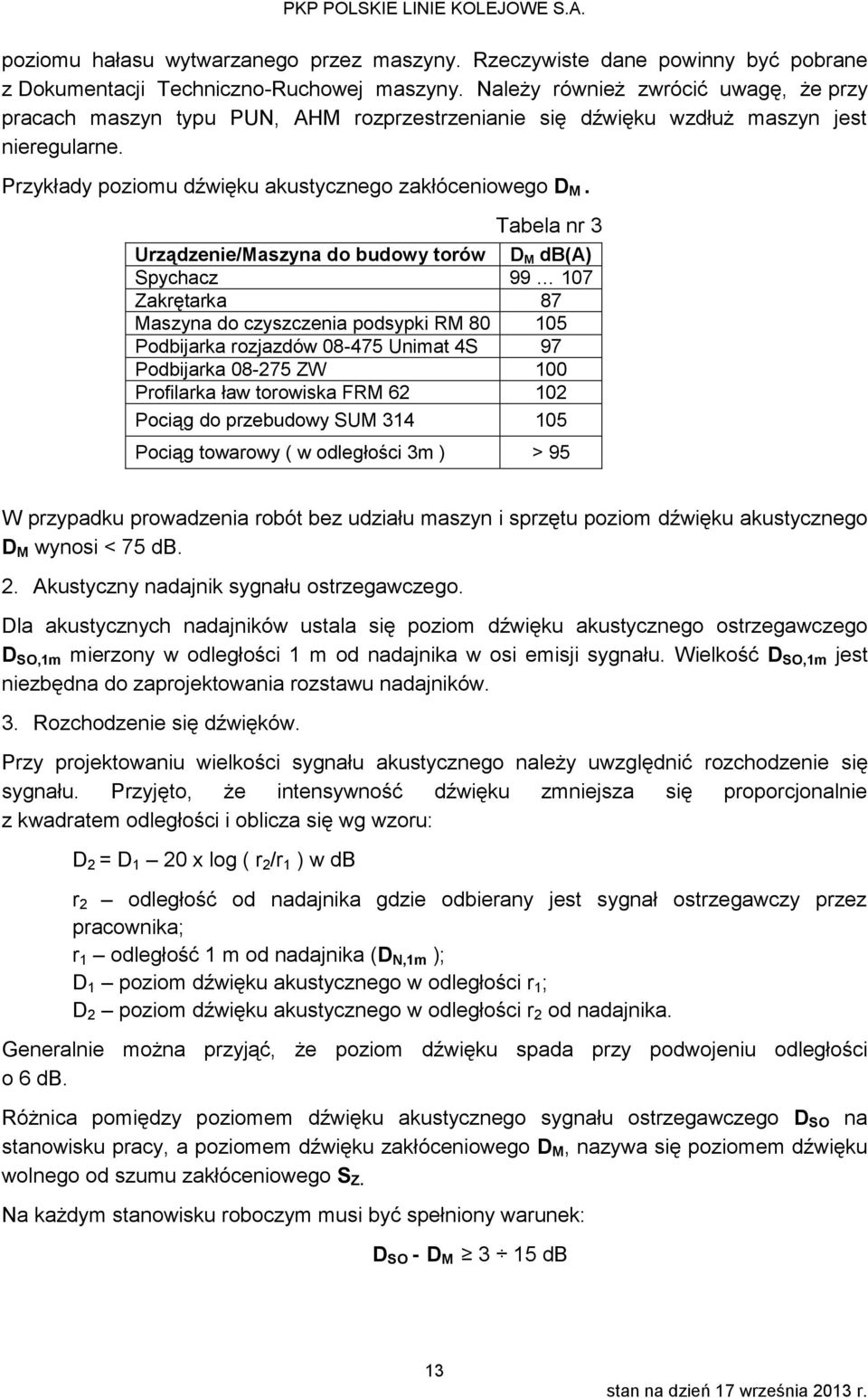 Tabela nr 3 Urządzenie/Maszyna do budowy torów D M db(a) Spychacz 99 107 Zakrętarka 87 Maszyna do czyszczenia podsypki RM 80 105 Podbijarka rozjazdów 08-475 Unimat 4S 97 Podbijarka 08-275 ZW 100