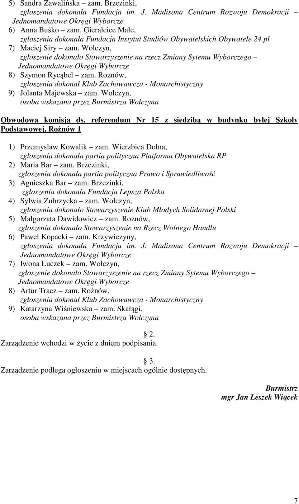 referendum Nr 15 z siedzibą w budynku byłej Szkoły Podstawowej, Rożnów 1 1) Przemysław Kowalik zam. Wierzbica Dolna, 2) Maria Bar zam. Brzezinki, 3) Agnieszka Bar zam.