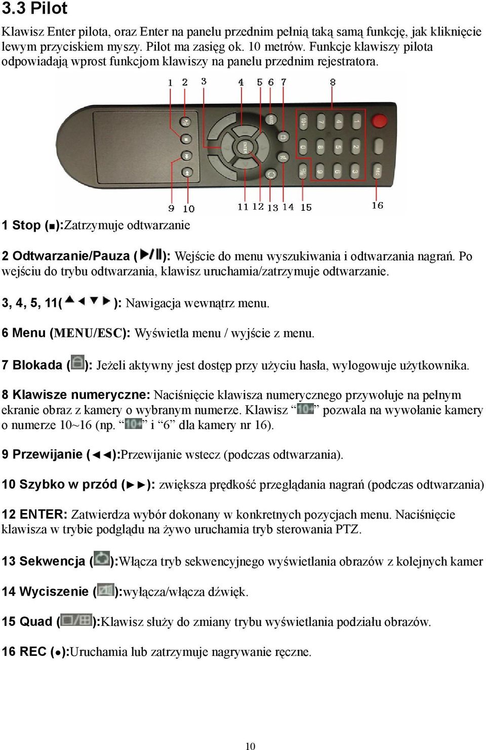 1 Stop ( ):Zatrzymuje odtwarzanie 2 Odtwarzanie/Pauza ( ): Wejście do menu wyszukiwania i odtwarzania nagrań. Po wejściu do trybu odtwarzania, klawisz uruchamia/zatrzymuje odtwarzanie.