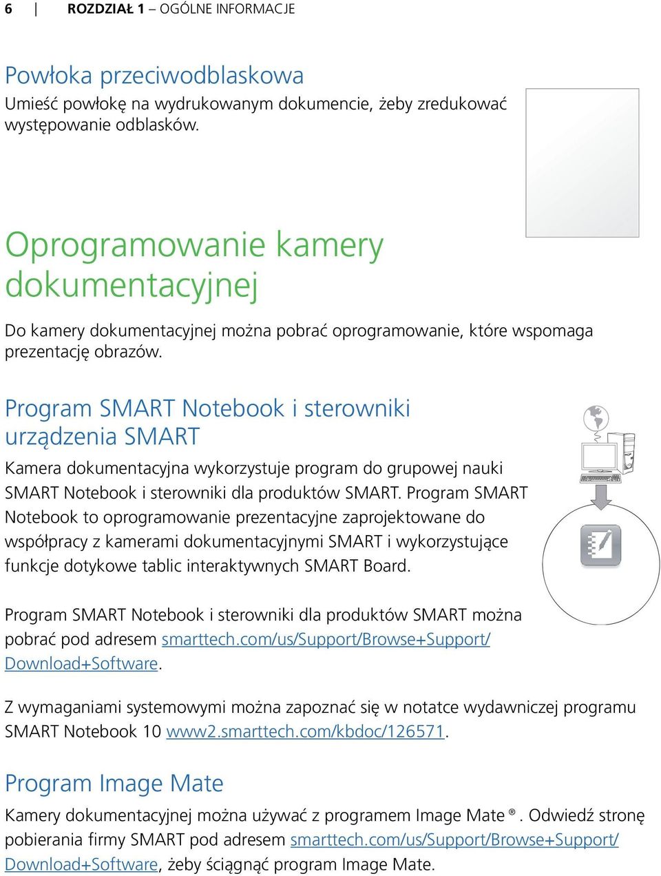 Program SMART Notebook i sterowniki urządzenia SMART Kamera dokumentacyjna wykorzystuje program do grupowej nauki SMART Notebook i sterowniki dla produktów SMART.