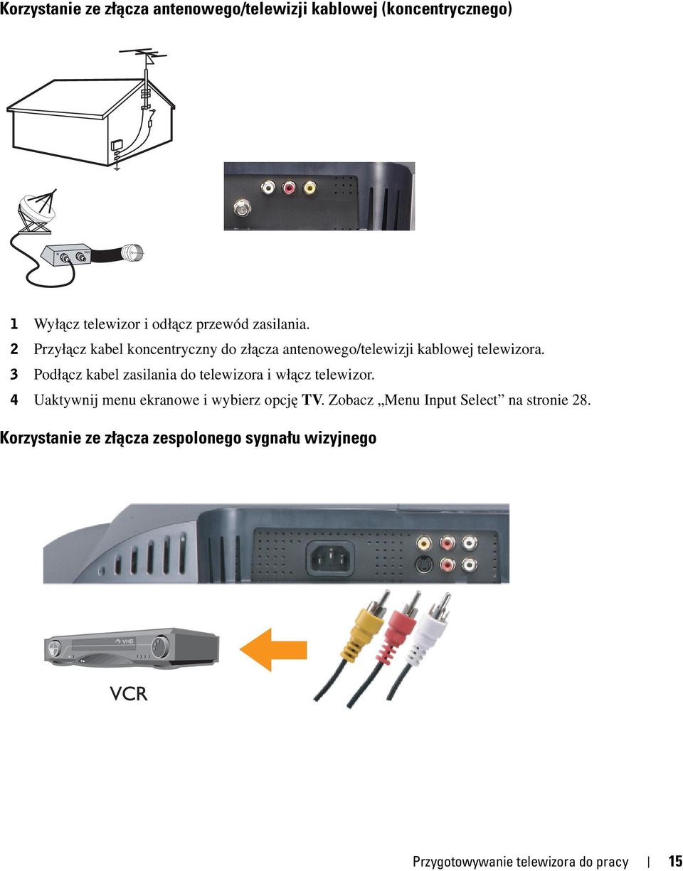 3 Podłącz kabel zasilania do telewizora i włącz telewizor. 4 Uaktywnij menu ekranowe i wybierz opcję TV.