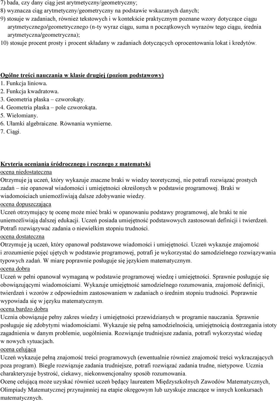 składany w zadaniach dotyczących oprocentowania lokat i kredytów. Ogólne treści nauczania w klasie drugiej (poziom podstawowy) 1. Funkcja liniowa. 2. Funkcja kwadratowa. 3.