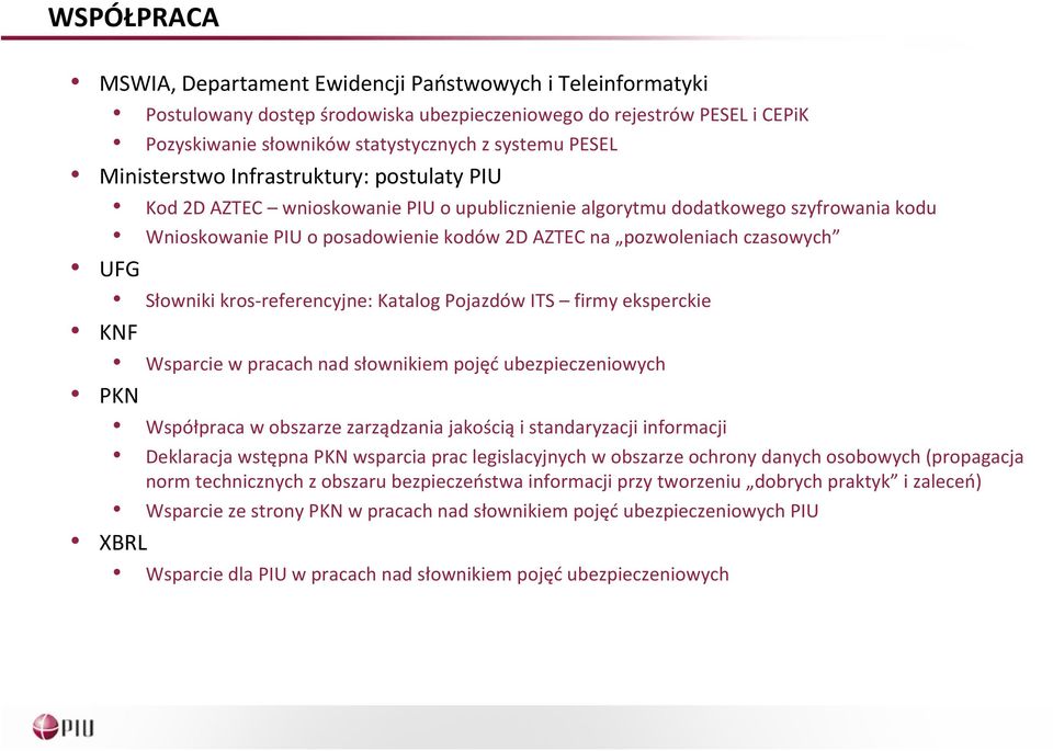 czasowych UFG Słowniki kros referencyjne: Katalog Pojazdów ITS firmy eksperckie KNF Wsparcie w pracach nad słownikiem pojęć ubezpieczeniowych PKN Współpraca w obszarze zarządzania jakością i