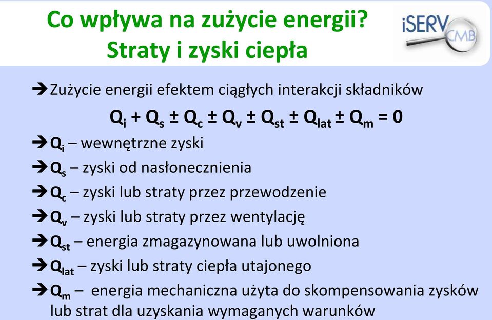 Q m = 0 Q i wewnętrzne zyski Q s zyski od nasłonecznienia Q c zyski lub straty przez przewodzenie Q v zyski lub