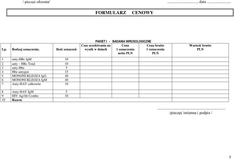 antygen 15 5 MONONUKLEOZA IgG 40 6 MONONUKLEOZA IgM 40 7 Anty-HAV calkowite 10