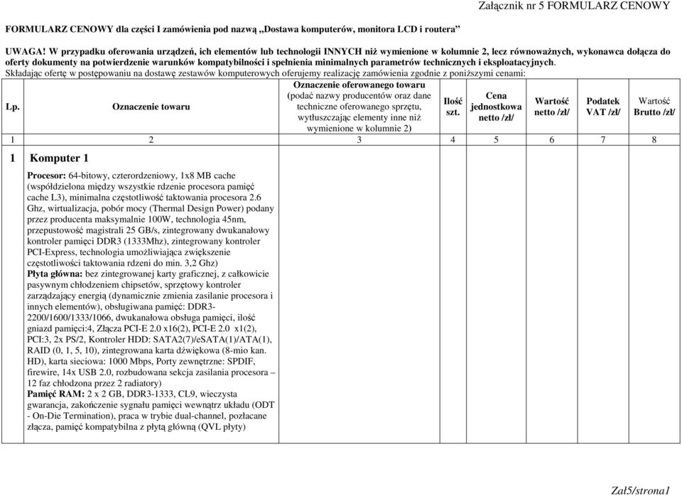 spełnienia minimalnych parametrów technicznych i eksploatacyjnych. Składając ofertę w postępowaniu na dostawę zestawów komputerowych oferujemy realizację zamówienia zgodnie z poniŝszymi cenami: Lp.