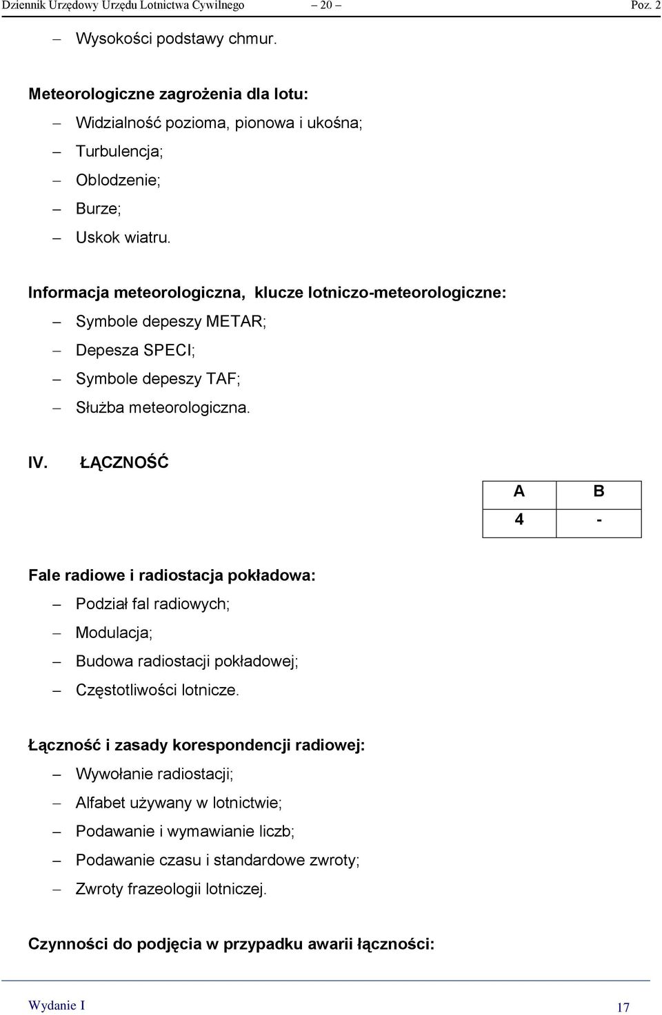 Informacja meteorologiczna, klucze lotniczo-meteorologiczne: Symbole depeszy METAR; Depesza SPECI; Symbole depeszy TAF; Służba meteorologiczna. IV.