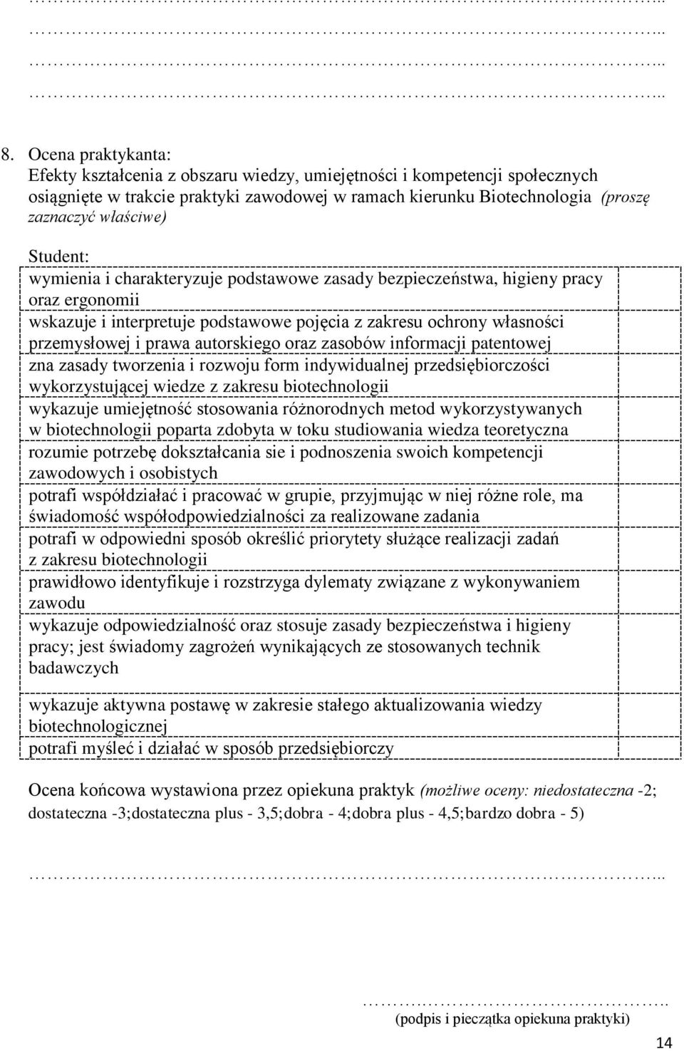 autorskiego oraz zasobów informacji patentowej zna zasady tworzenia i rozwoju form indywidualnej przedsiębiorczości wykorzystującej wiedze z zakresu biotechnologii wykazuje umiejętność stosowania