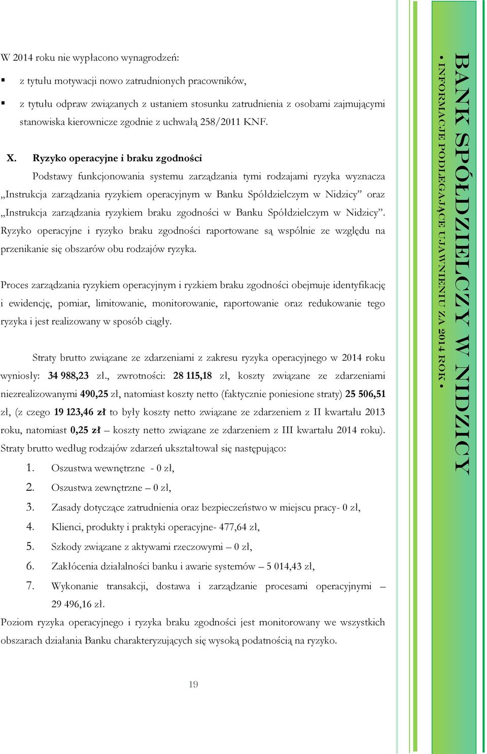 Ryzyko operacyjne i braku zgodności Podstawy funkcjonowania systemu zarządzania tymi rodzajami ryzyka wyznacza Instrukcja zarządzania ryzykiem operacyjnym w Banku Spółdzielczym w Nidzicy oraz