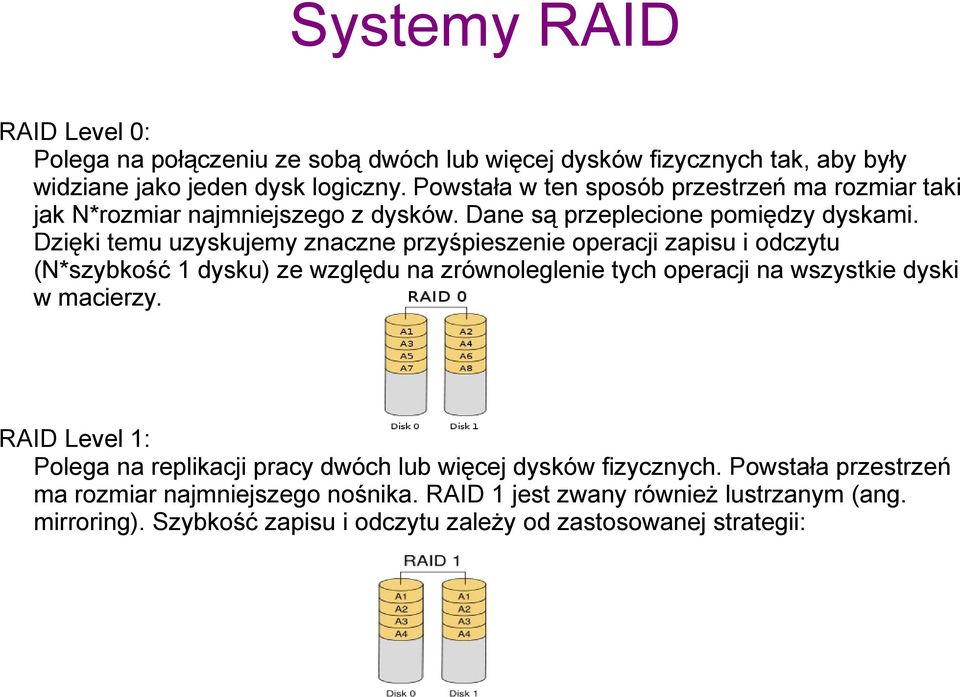 Dzięki temu uzyskujemy znaczne przyśpieszenie operacji zapisu i odczytu (N*szybkość 1 dysku) ze względu na zrównoleglenie tych operacji na wszystkie dyski w macierzy.