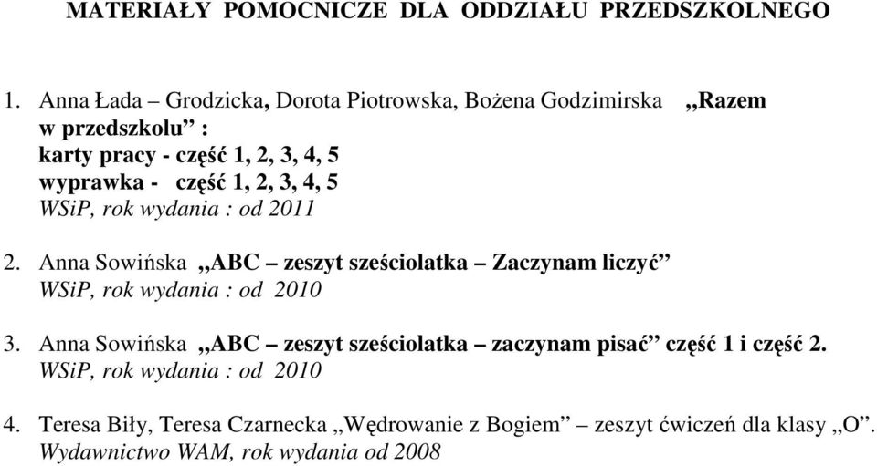 5 wyprawka - część 1, 2, 3, 4, 5, : od 2011 2. Anna Sowińska ABC zeszyt sześciolatka Zaczynam liczyć, : od 2010 3.