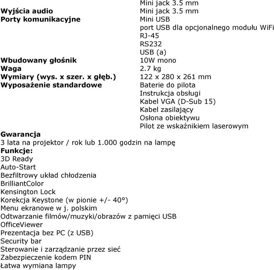 polskim Odtwarzanie filmów/muzyki/obrazów z pamięci USB OfficeViewer Prezentacja bez PC (z USB) Security bar Sterowanie i zarządzanie przez sieć Zabezpieczenie kodem PIN Łatwa wymiana lampy