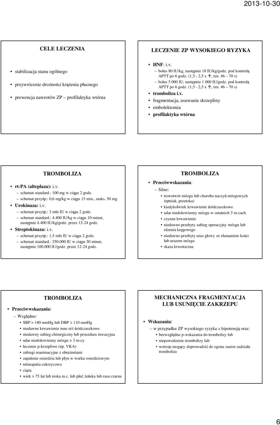 v. fragmentacja, usuwanie skrzepliny embolektomia profilaktyka wtórna TROMBOLIZA rt-pa (alteplaza): i.v. schemat standard.: 100 mg w ciągu 2 godz. schemat przyśp.: 0,6 mg/kg w ciągu 15 min., maks.