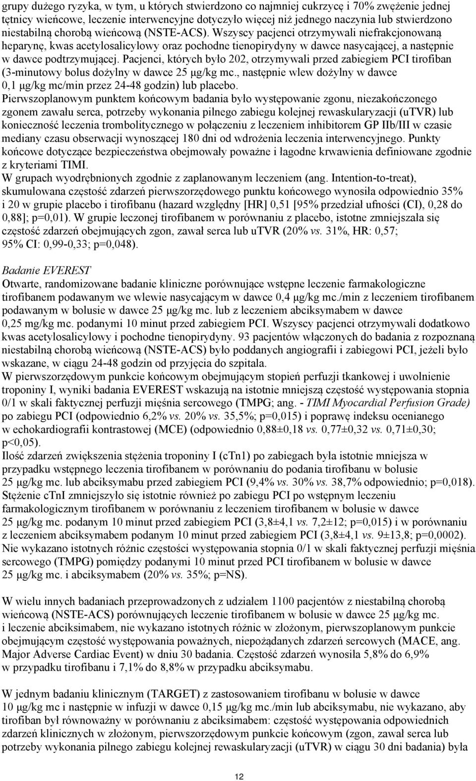 Pacjenci, których było 202, otrzymywali przed zabiegiem PCI tirofiban (3-minutowy bolus dożylny w dawce 25 μg/kg mc., następnie wlew dożylny w dawce 0,1 μg/kg mc/min przez 24-48 godzin) lub placebo.