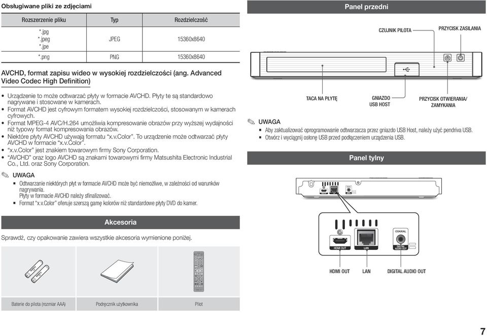 Advanced Video Codec High Definition) Panel przedni CZUJNIK PILOTA PRZYCISK ZASILANIA Urządzenie to może odtwarzać płyty w formacie AVCHD. Płyty te są standardowo nagrywane i stosowane w kamerach.