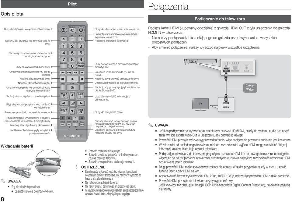 Podłącz kabel HDMI (kupowany oddzielnie) z gniazda HDMI OUT z tyłu urządzenia do gniazda HDMI IN w telewizorze.