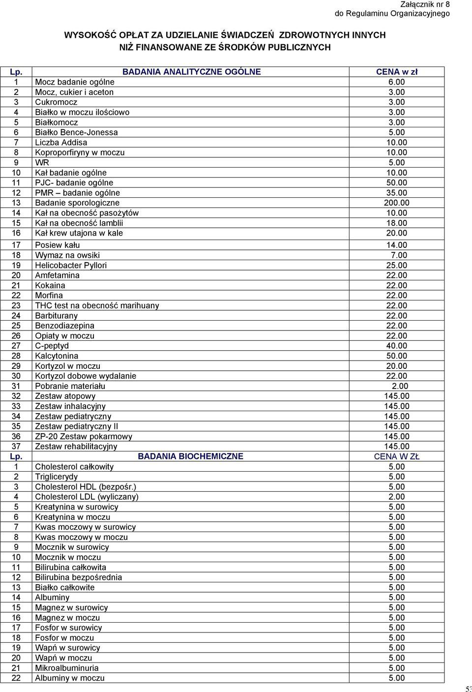 00 7 Liczba Addisa 10.00 8 Koproporfiryny w moczu 10.00 9 WR 5.00 10 Kał badanie ogólne 10.00 11 PJC- badanie ogólne 50.00 12 PMR badanie ogólne 35.00 13 Badanie sporologiczne 200.