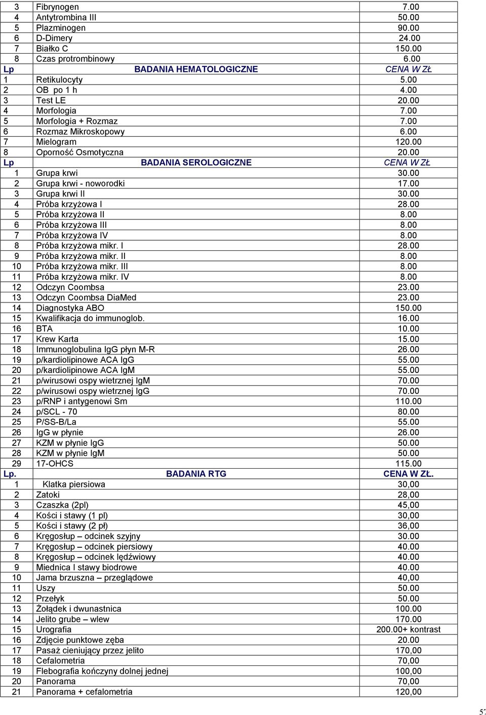 00 2 Grupa krwi - noworodki 17.00 3 Grupa krwi II 30.00 4 Próba krzyżowa I 28.00 5 Próba krzyżowa II 8.00 6 Próba krzyżowa III 8.00 7 Próba krzyżowa IV 8.00 8 Próba krzyżowa mikr. I 28.00 9 Próba krzyżowa mikr.