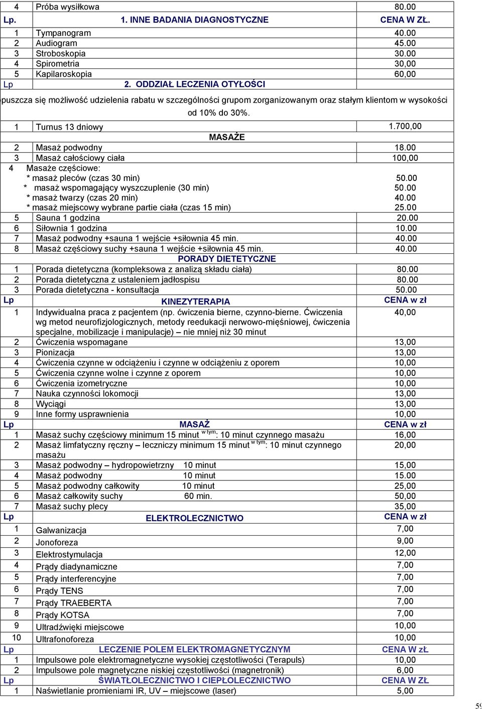 700,00 MASAŻE 2 Masaż podwodny 18.00 3 Masaż całościowy ciała 100,00 4 Masaże częściowe: * masaż pleców (czas 30 min) 50.00 * masaż wspomagający wyszczuplenie (30 min) 50.