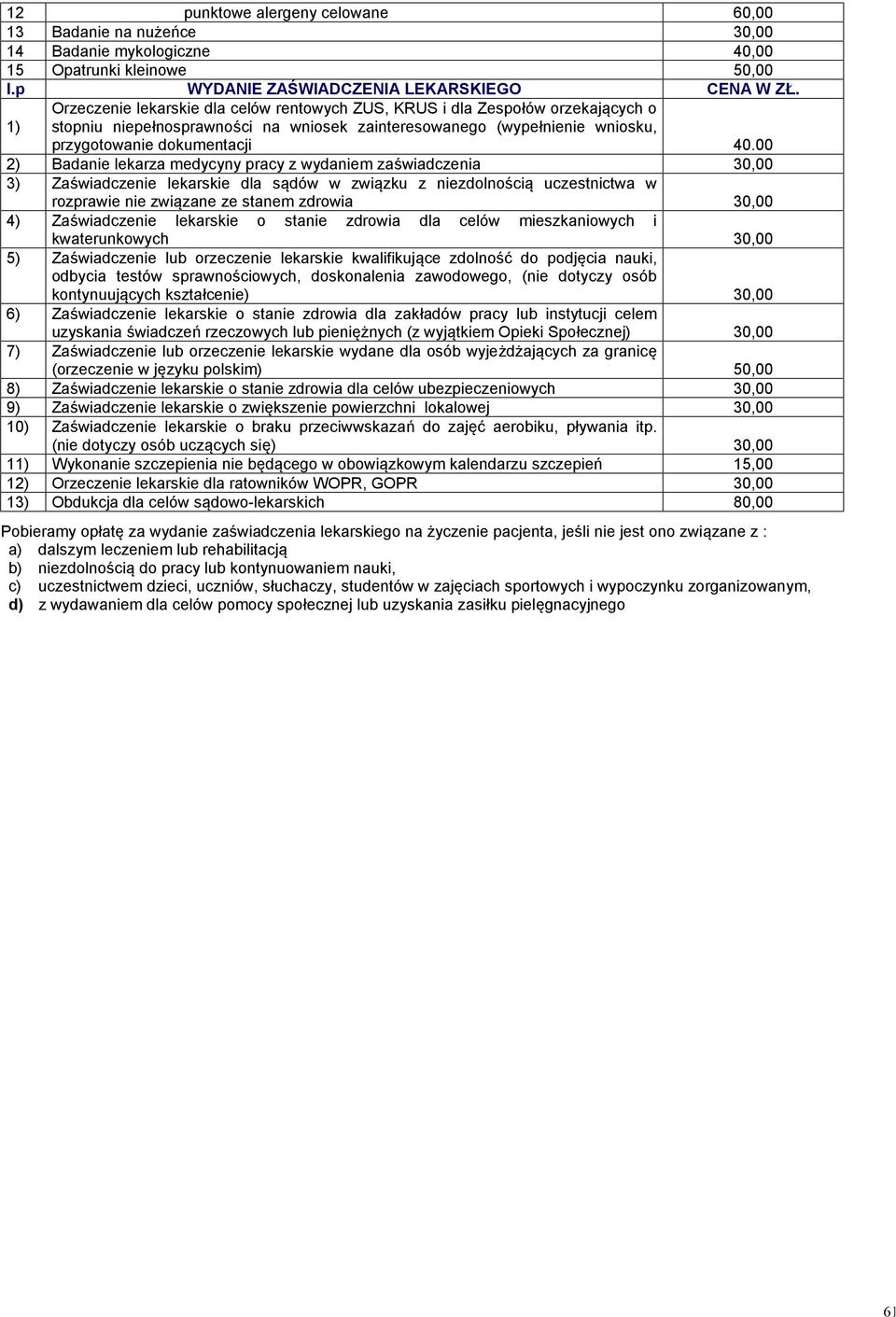 00 2) Badanie lekarza medycyny pracy z wydaniem zaświadczenia 30,00 3) Zaświadczenie lekarskie dla sądów w związku z niezdolnością uczestnictwa w rozprawie nie związane ze stanem zdrowia 30,00 4)