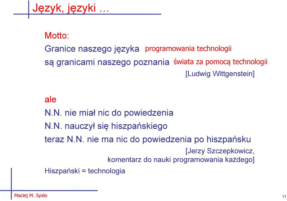 N. nie miał nic do powiedzenia N.N. nauczył się hiszpańskiego teraz N.N. nie ma nic do